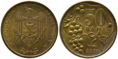 Молдавия 50 бани 2008 KM 10 сталь плакированная латунью 4549-1112