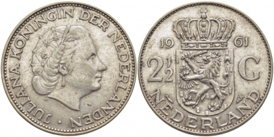 Нидерланды 2 1/2 гульдена 1961 Юлиана (1848-1980) KM 185 серебро 114-531