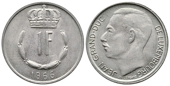 Люксембург 1 франк 1966 Великий герцог Жан (1964-1999) KM 55 медно-никель 259-1051