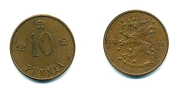 Финляндия 10 пенни 1926 республика (1918-1962) KM 24 медь 46-1543