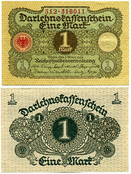 ГЕРМАНИЯ 1 МАРКА 1920 1 МАРТА 1920, ВЕЙМАРСКАЯ РЕСПУБЛИКА Pick 58 бумага аUNC 7548-77-4-2