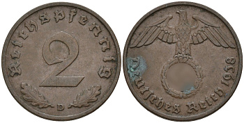 Германия 2 рейхспфеннига 1938 D KM 90, J. 362 бронза 4147-1268
