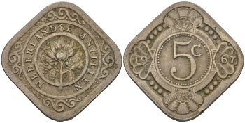 Нидерландские Антилы 5 центов 1967 Юлиана (1948-1980) KM 6 медно-никель 66-962