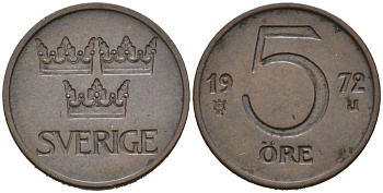 Швеция 5 эре 1972 Густав VI Адольф (1950-1973) KM 845 бронза 4564-736