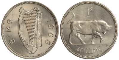 ИРЛАНДИЯ 1 ШИЛЛИНГ 1966 БЫК KM 14a медно-никель UNC 4390-355