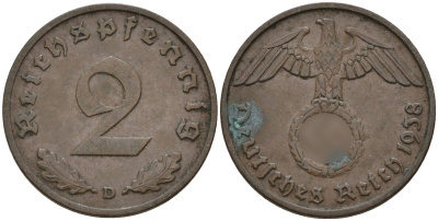 Германия 2 рейхспфеннига 1938 D KM 90, J. 362 бронза 4147-1268