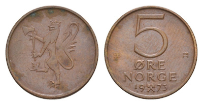 Норвегия 5 эре 1973 Улаф V (1957-1991) KM 415 бронза 4632-1259