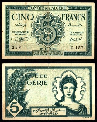 Алжир 5 франков 1942 Pick 91 бумага 2119-40-1-2