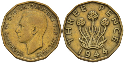 Великобритания 3 пенса 1944 Георг VI (1936-1952) KM 849, Spink 4112 никель латунь 4153-725