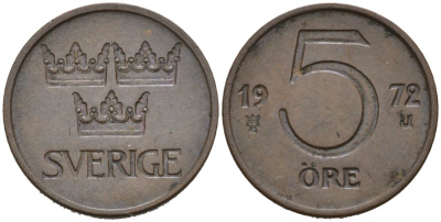 Швеция 5 эре 1972 Густав VI Адольф (1950-1973) KM 845 бронза 4564-736