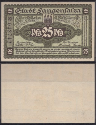 Лангензальца 25 пфеннигов 1920 DeNG 2 L12.6a бумага UNC (пресс) 8608-14-2-2