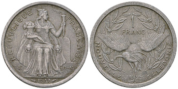 Французская Новая Каледония 1 франк 1977 птица кагу, (IEOM) KM 10, Schoen 10, Lec 40 алюминий    51-1042