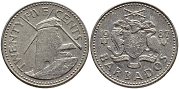 Барбадос 25 центов 1987 ветряная мельница Моргана Льюиса KM 13 медно-никель 4398-426