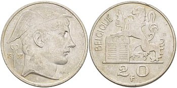 Бельгия 20 франков 1953 Бодуэн I (1951-1983), BELGIQUE KM 140.1 серебро 4512-1111