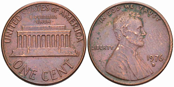 США 1 ЦЕНТ 1976 D, ЛИНКОЛЬН KM 201 медь цинк 63-221