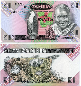 Замбия 1 квача ND (1980-88) Кеннет Каунда, сбор хлопка, подпись Phiri Pick 23 b бумага UNC (пресс) 6278-39-1