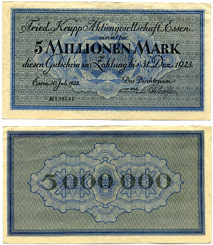 Эссен 5000000 марок (5 миллионов) 1923 30 июля 1923 - 31 декабря 1923, нотгельд, земля Северный Рейн-Вестфалия, НОМЕР ЧЕРНЫЙ Keller 1429f бумага 7191-43-2-2