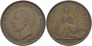 Великобритания 1 пенни 1946 Георг VI (1936-1952) KM 845, Spink 4114 бронза 97-1114