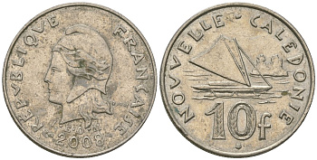 Французская Новая Каледония 10 франков 2008 рыбачья парусная лодка, (IEOM) KM 11a, Schoen 13a, Lec 99k медно-никель 60-714