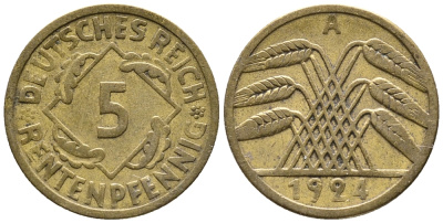 ГЕРМАНИЯ 5 РЕНТЕНПФЕННИГОВ 1924 A KM 32, J. 308 алюминиевая бронза 39-442