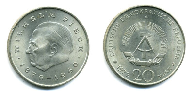 ГДР 20 марок 1972 А, Вильгельм Пик (1876-1960) KM 42 медно-никель 37-1036