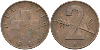 Швейцария 2 раппена 1963 В KM 47 бронза 4591-1241