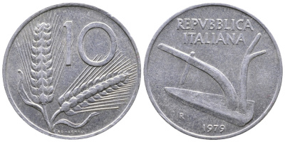 ИТАЛИЯ 10 ЛИР 1979 R, ПЛУГ, КОЛОСЬЯ KM 93 алюминий 51-4535