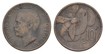 Италия 10 чентезимо 1928 R, Виктор Эммануил III (1900-1946), пчела KM 60 медь 4551-655