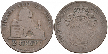 БЕЛЬГИЯ 2 САНТИМА 1859 BELGES KM 4.2 медь 73-1735