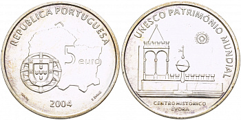 ПОРТУГАЛИЯ 5 ЕВРО 2004 ЮНЕСКО ИСТОРИЧЕСКИЙ ЦЕНТР ЭВОРА, КАРТА KM 755 серебро UNC 06-255-33
