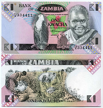 Замбия 1 квача ND (1980-88) Кеннет Каунда, сбор хлопка, подпись Phiri Pick 23 b бумага UNC (пресс) 448-44-1