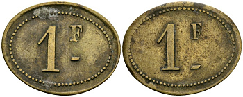 Франция 1 франк XIX-XX век ресторанный жетон латунь 4166-732