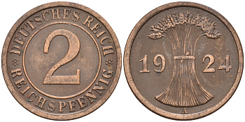 Германия 2 рейхспфеннига 1924 А KM 38, J. 314 бронза 4589-122