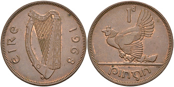 Ирландия 1 пенни 1968 курица с цыплятами KM 11 бронза 4572-126
