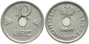 НОРВЕГИЯ 10 ЭРЕ 1947 ХОКОН VII (1905-1957) KM 383 медно-никель 4392-1322