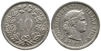 Швейцария 10 раппенов 1978 В KM 27 медно-никель 220-412