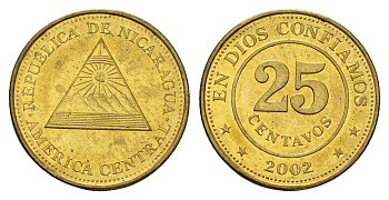 Никарагуа 25 сентаво 2002 KM 99 сталь плакированная латунью UNC 23-1137