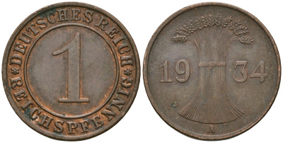 Германия 1 рейхспфенниг 1934 A KM 37, J. 313 бронза 4189-1254