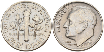 США 10 ЦЕНТОВ = 1 ДАЙМ 1969 D, РУЗВЕЛЬТ KM 195a медь плакированная медно-никелем 188-417