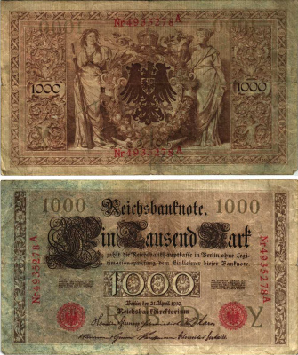 Германия 1000 марок 1910 21 апреля 1910, семизначный номер, серия А Pick 44b  бумага   8610-4-1-1