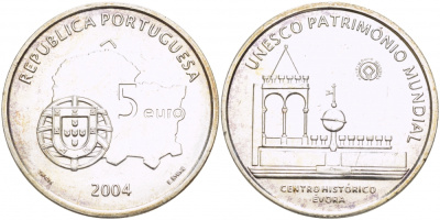 ПОРТУГАЛИЯ 5 ЕВРО 2004 ЮНЕСКО ИСТОРИЧЕСКИЙ ЦЕНТР ЭВОРА, КАРТА KM 755 серебро UNC 06-255-33