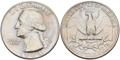 США 25 центов (квотер) 1984 P, Вашингтон KM А164a медь плакированная медно-никелем 190-341