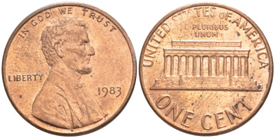 США 1 ЦЕНТ 1983 ЛИНКОЛЬН KM 201b цинк плакированный медью UNC 187-727