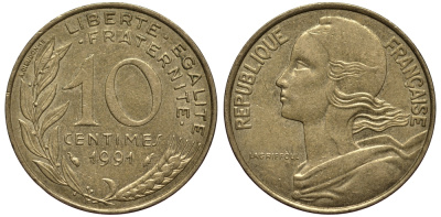 ФРАНЦИЯ 10 САНТИМОВ 1991 ТИП MARIANNE KM 929, LE FRANC 144.31 медь алюминий никель 4390-924