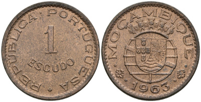 Мозамбик 1 эскудо 1963 KM 82 бронза 4148-537