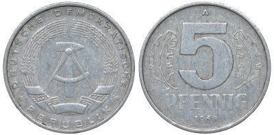 ГДР 5 ПФЕННИГОВ 1968 A KM 9.1 алюминий 62-211