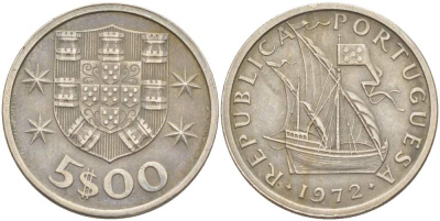 ПОРТУГАЛИЯ 5 ЭСКУДО 1972 ПАРУСНИК KM 591 медно-никель 4523-544