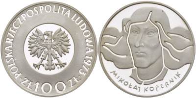 Польша 100 злотых 1973 MW, Николай Коперник KM 68, Parchimowicz 269 серебро PROOF 1084-10-21