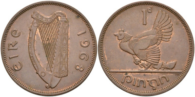 Ирландия 1 пенни 1968 курица с цыплятами KM 11 бронза 4572-126