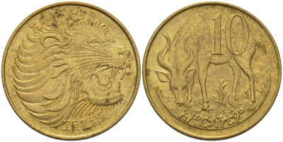 Эфиопия 10 центов 1969 лев, гора, антилопа KM 45.1 медь цинк 67-1257